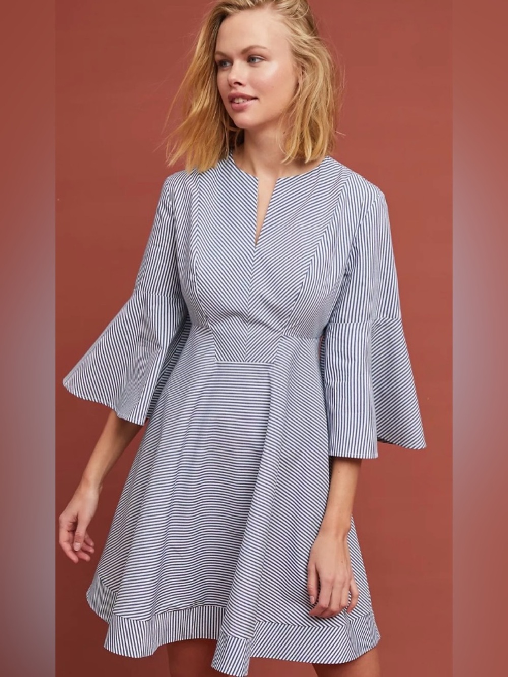 Anthropologie Adria Moss Striped Poplin Bell-Sleeved Dress. Size 6.